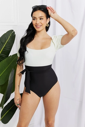 Marina West Swim Salty Air Puff Sleeve One-Piece in Cream/Black one piece swimsuits for women, full coverage one piece swimwear