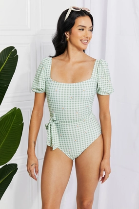 Marina West Swim Salty Air Puff Sleeve One-Piece in Sage one piece swimsuits for women, full coverage one piece swimwear