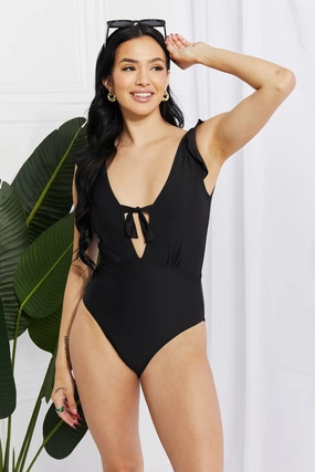 Marina West Swim Seashell Ruffle Sleeve One-Piece in Black one piece swimsuits for women, full coverage one piece swimwear