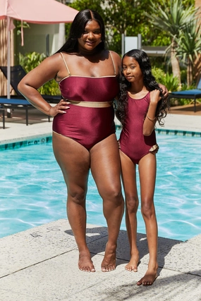 Marina West Swim Wave Break Contrast Trim One-Piece in Wine one piece swimsuits for women, full coverage one piece swimwear