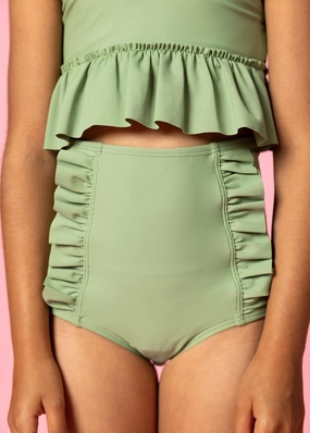 Meadow Green | Mini Down in Front Ruffle Bottoms girls full coverage swimwear, kids swimwear for pool