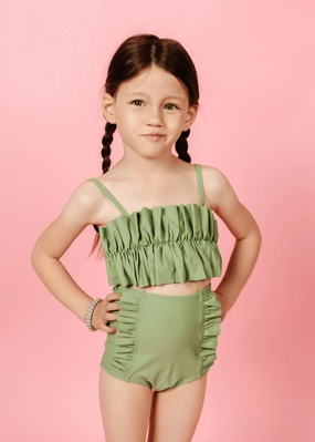 Meadow Green | Mini Oversized Ruffle Top girls full coverage swimwear, kids swimwear for pool