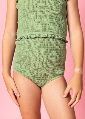 Meadow Green | Youth Smocked Bottoms girls full coverage swimwear, kids swimwear for pool