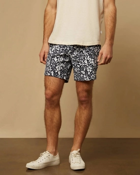 Men Elastic Calder 6" Swim Trunks In Navy/white Botanic Silhouettes mens beach swimwear, quick dry mens swimsuits