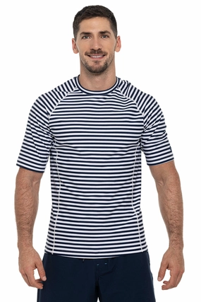 Men's Hightide Short Sleeve Swim Shirt | White/Navy Stripe men's full coverage swimwear, casual swimwear for men