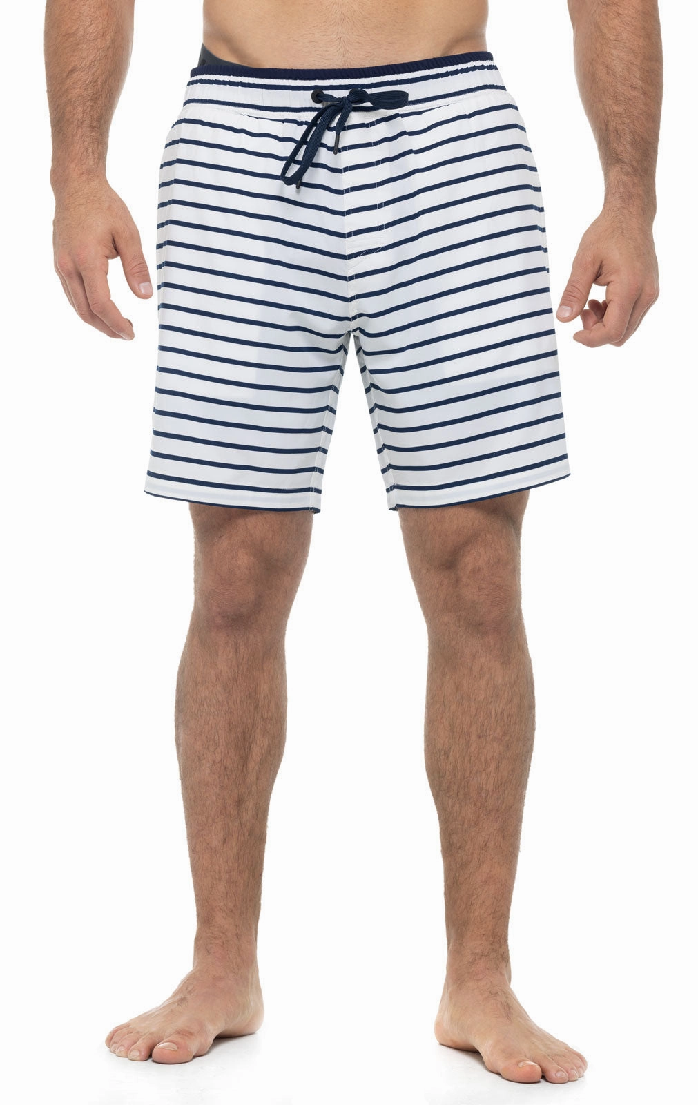 Men's Kahuna Swimming Shorts | White/Navy Stripe men's full coverage swimwear, casual swimwear for men