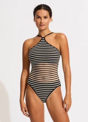 Mesh Effect DD High Neck One Piece - Black plus size swimwear women, summer swimwear for ladies