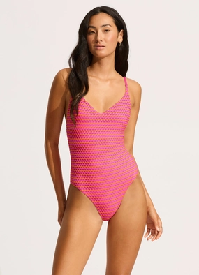 Mesh Effect V Neck One Piece - Hot Pink affordable swimwear for women, chic swimsuits for women