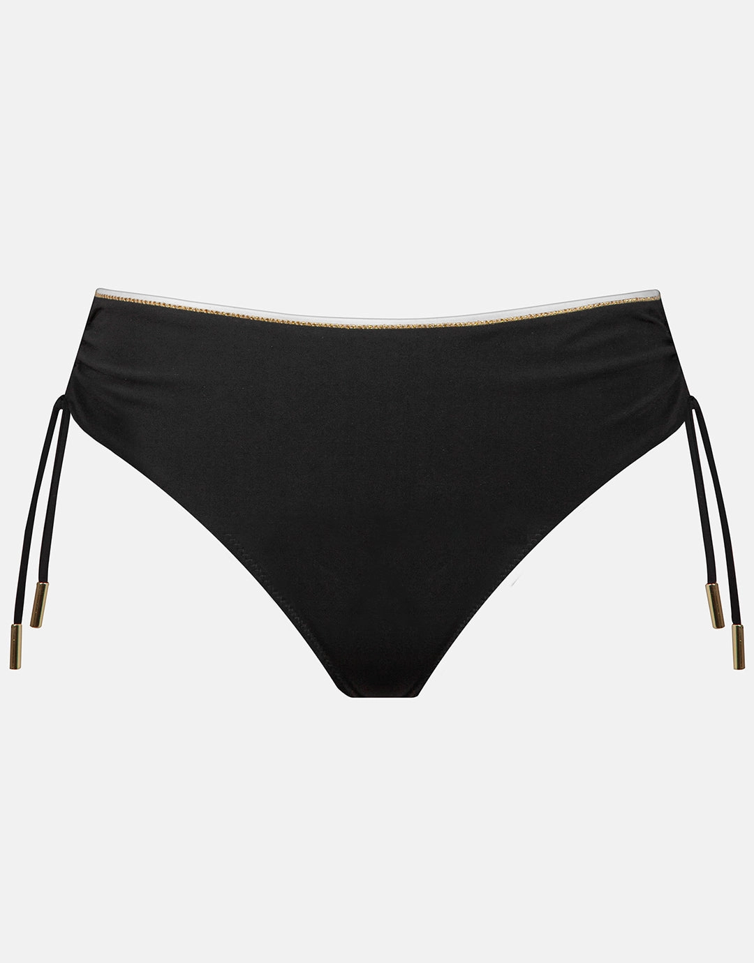 Metrics Adjustable Leg Bikini Pant - Black White and Gold adjustable swim bottoms women, flattering bikini bottoms