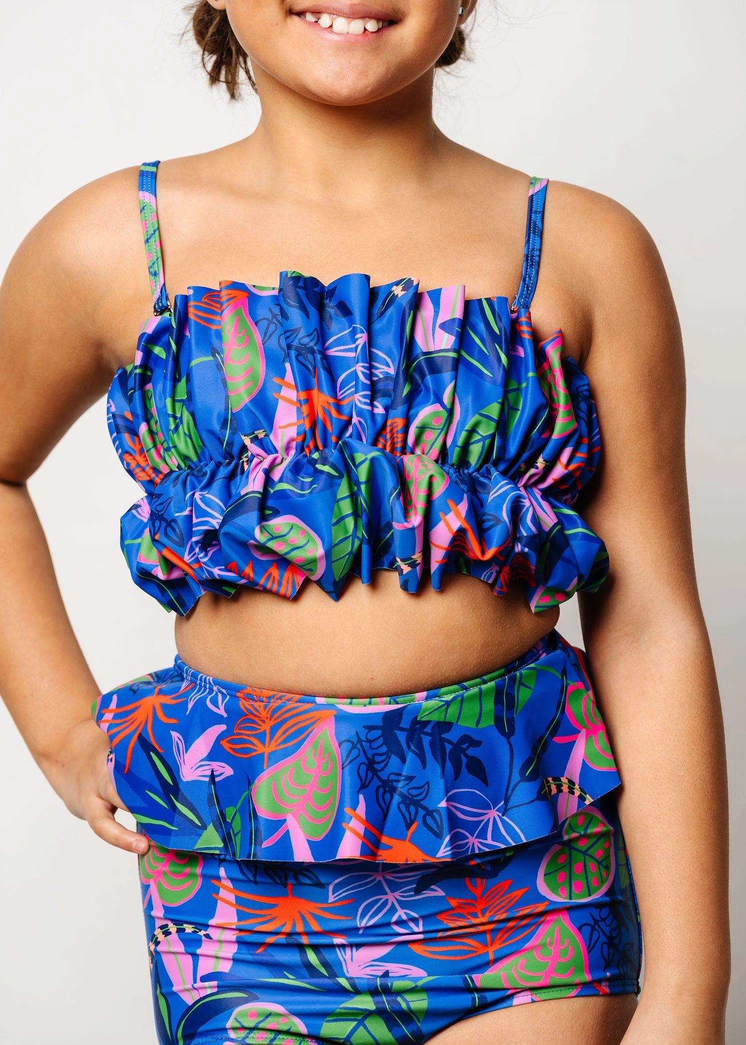Midnight Jungle | Youth Oversized Ruffle Top cute girls swimsuits, stylish swimwear for girls
