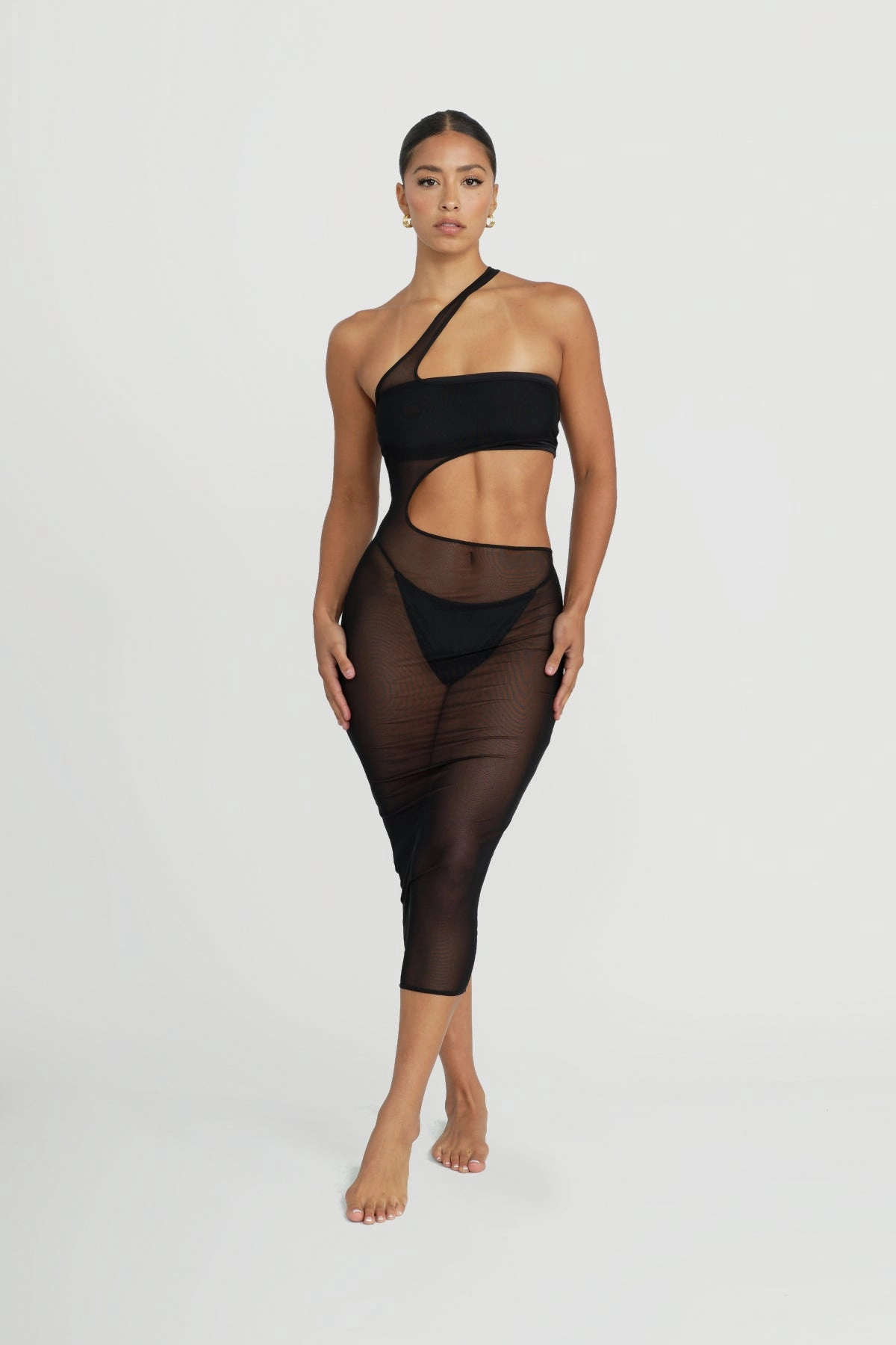 Mila Asymmetrical Mesh Dress - Black soft fabric swimwear women, resort swimwear for ladies