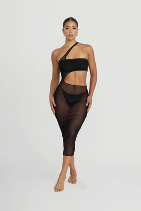 Mila Asymmetrical Mesh Dress - Black soft fabric swimwear women, resort swimwear for ladies