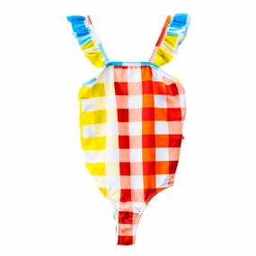 Multicolor Plaid Print Ruffle One Piece Swimsuit stylish teen girl swimsuits, teen girls swimwear sets