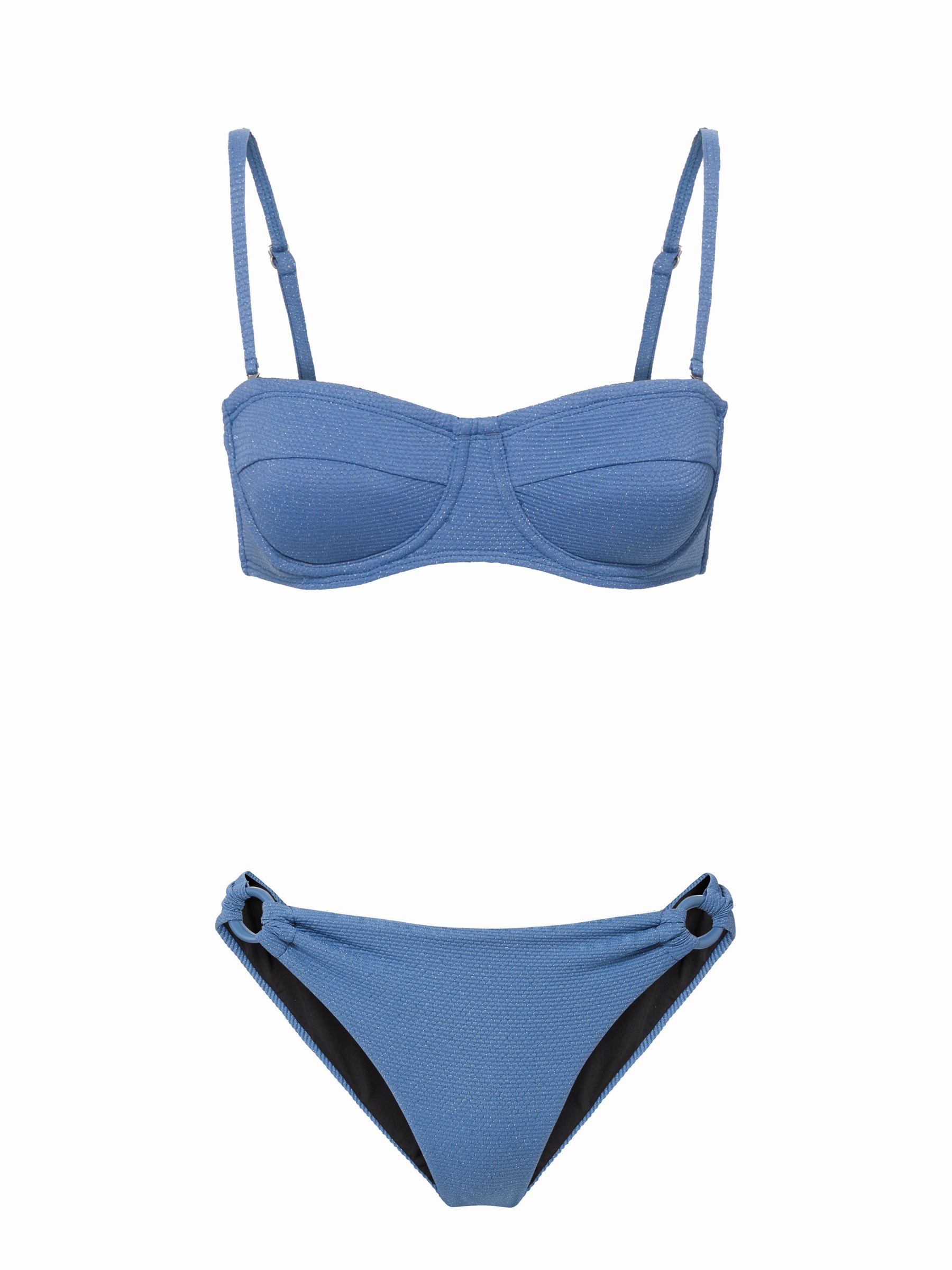 Nellie Top   Ring Trim Bottom in Steel Blue Metallic bikini bottom with tie sides, swim top for sunbathing