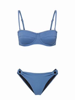 Nellie Top   Ring Trim Bottom in Steel Blue Metallic bikini bottom with tie sides, swim top for sunbathing