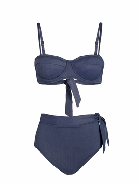 Nellie Top   Side Tie High Waist Bottom In Indigo Twill bikini bottom with tie sides, swim top for sunbathing