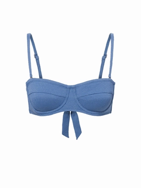 Nellie Top In Steel Blue Metallic Pique strapless swimwear tops, lightweight swim tops