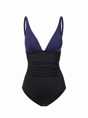 Niki One Piece Navy/Black Colorblock Satin fashionable beach swimwear, modern womens bikinis