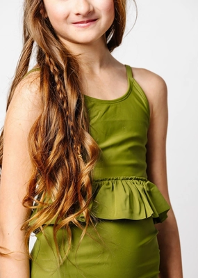 Olive Green | Youth Peplum Top cute girls swimsuits, stylish swimwear for girls