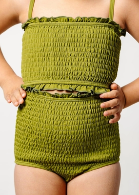 Olive Green | Youth Smocked Bottoms cute girls swimsuits, stylish swimwear for girls