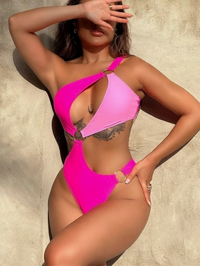 One-Shoulder Cutout Ring Detail One-Piece Swimsuit one piece swimsuits for women, full coverage one piece swimwear