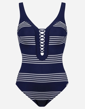 Pace Plunge Swimsuit - Navy White cup sized swimwear women, supportive swimsuits for large bust
