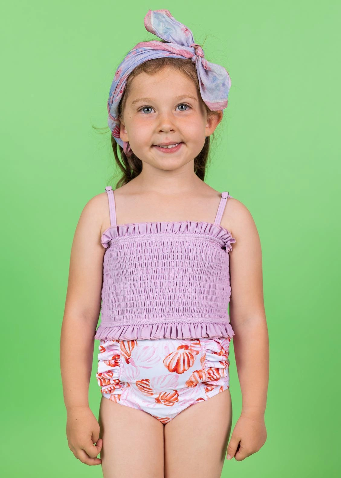 Painted Clams | Mini Down in Front Ruffle Bottoms cute girls swimsuits, stylish swimwear for girls
