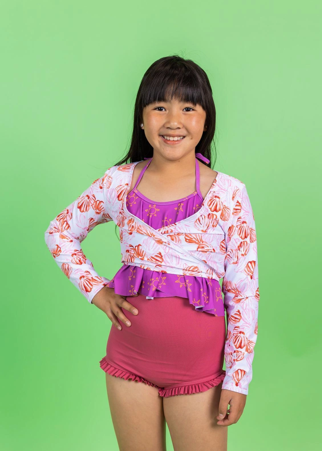 Painted Clams | Youth Wrap Top Rashguard cute girls swimsuits, stylish swimwear for girls