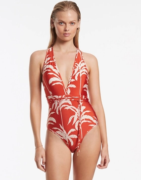 Palme Plunge Swimsuit - Cherry pool-ready swimwear for women, trendy swimwear collection