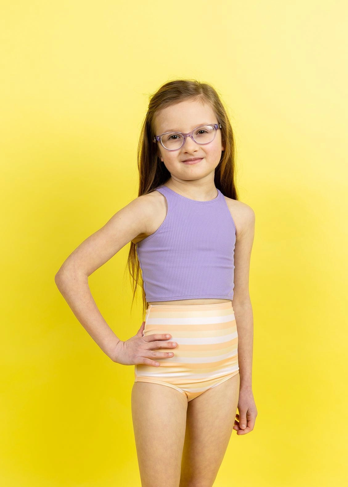 Peachy Stripe | Mini High-Waisted Bottoms cute girls swimsuits, stylish swimwear for girls