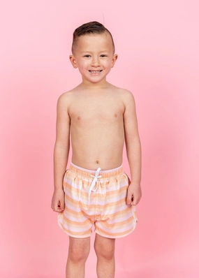 Peachy Stripe | Mini Retro Shorties boys summer swimwear, boys rash guard swim sets