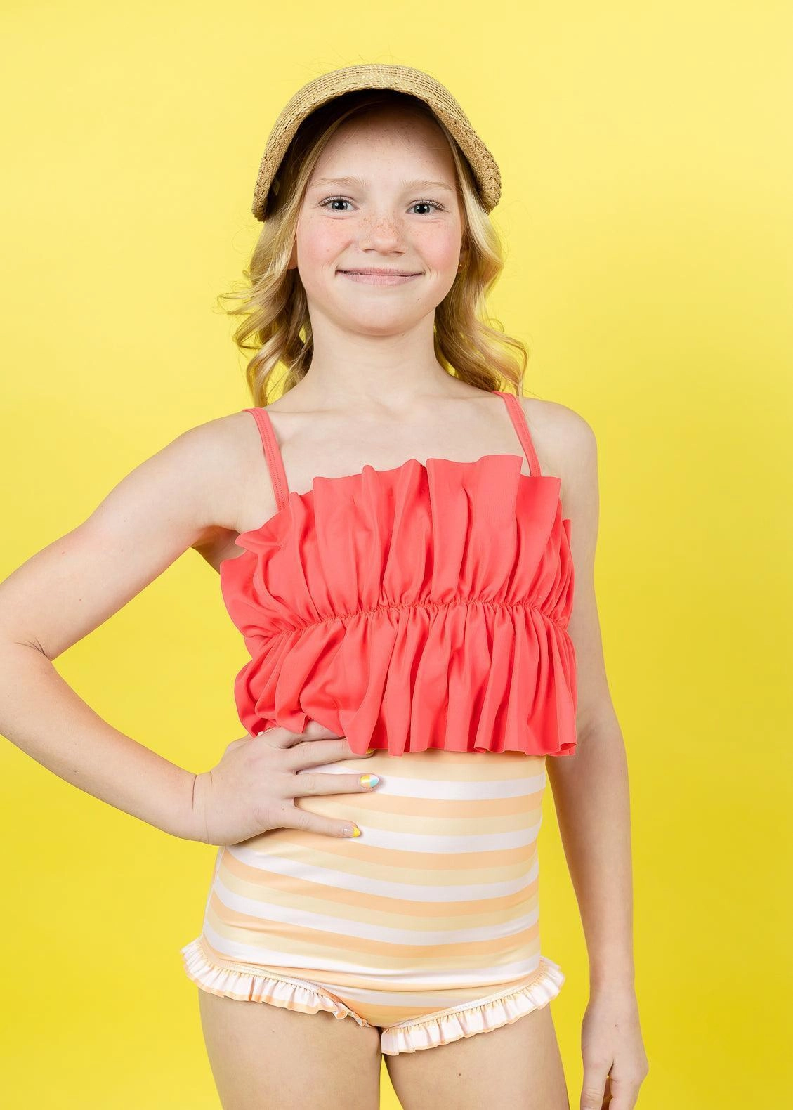 Peachy Stripe | Youth All Ruffled Up Bottoms cute girls swimsuits, stylish swimwear for girls