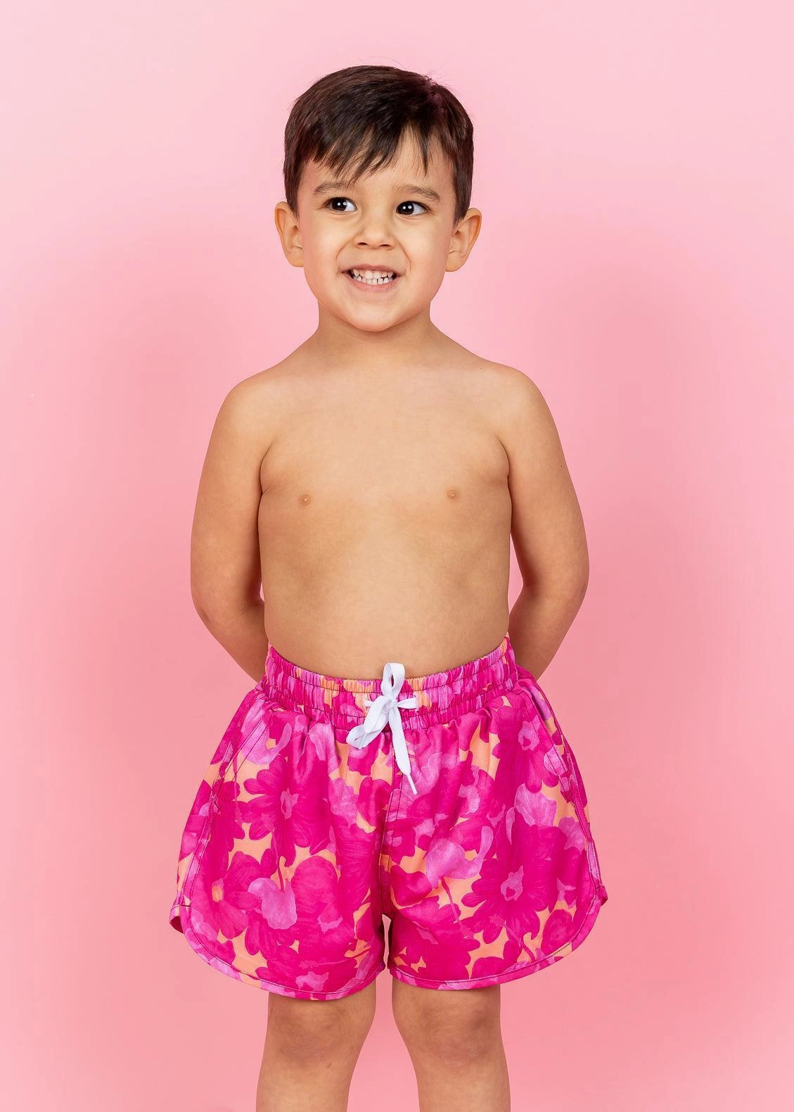 Pink Blooms | Mini Retro Shorties boys summer swimwear, boys rash guard swim sets