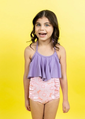 Pink Daisies | Mini Down in Front Ruffle Bottoms cute girls swimsuits, stylish swimwear for girls