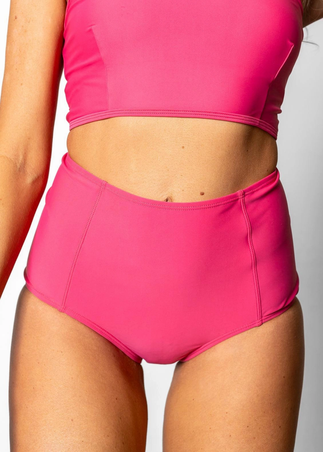 Pink Raspberry | High-Waisted Bottoms elastic waistband swim bottoms, mix-and-match bikini bottoms