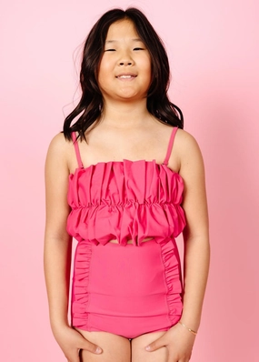 Pink Raspberry | Youth Down in Front Ruffle Bottoms cute girls swimsuits, stylish swimwear for girls