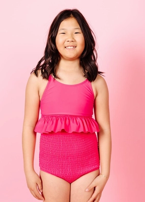 Pink Raspberry | Youth Smocked Bottoms cute girls swimsuits, stylish swimwear for girls