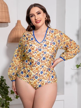 Plus Size Floral Open Back Long Sleeve One-Piece Swimsuit one piece swimsuits for women, full coverage one piece swimwear