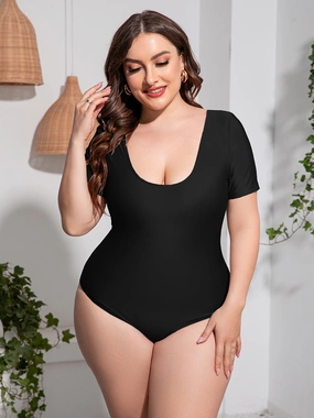 Plus Size Scoop Neck Short Sleeve One-Piece Swimsuit one piece swimsuits for women, full coverage one piece swimwear