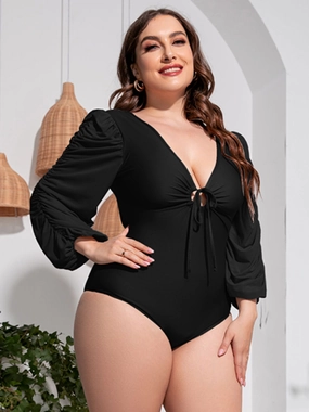 Plus Size Tied Deep V Balloon Sleeve One-Piece Swimsuit one piece swimsuits for women, full coverage one piece swimwear