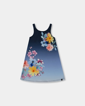 Printed Beach Dress Yellow, Pink Flowers On Navy Blue Background stylish teen girl swimsuits, teen girls swimwear sets