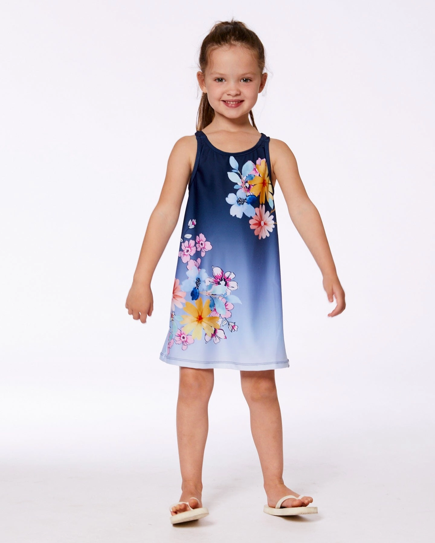 Printed Beach Dress Yellow, Pink Flowers On Navy Blue Background