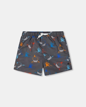Printed Boardshorts Orange, Red, And Blue Sharks On Gray boys swimwear sets, boys swim trunks