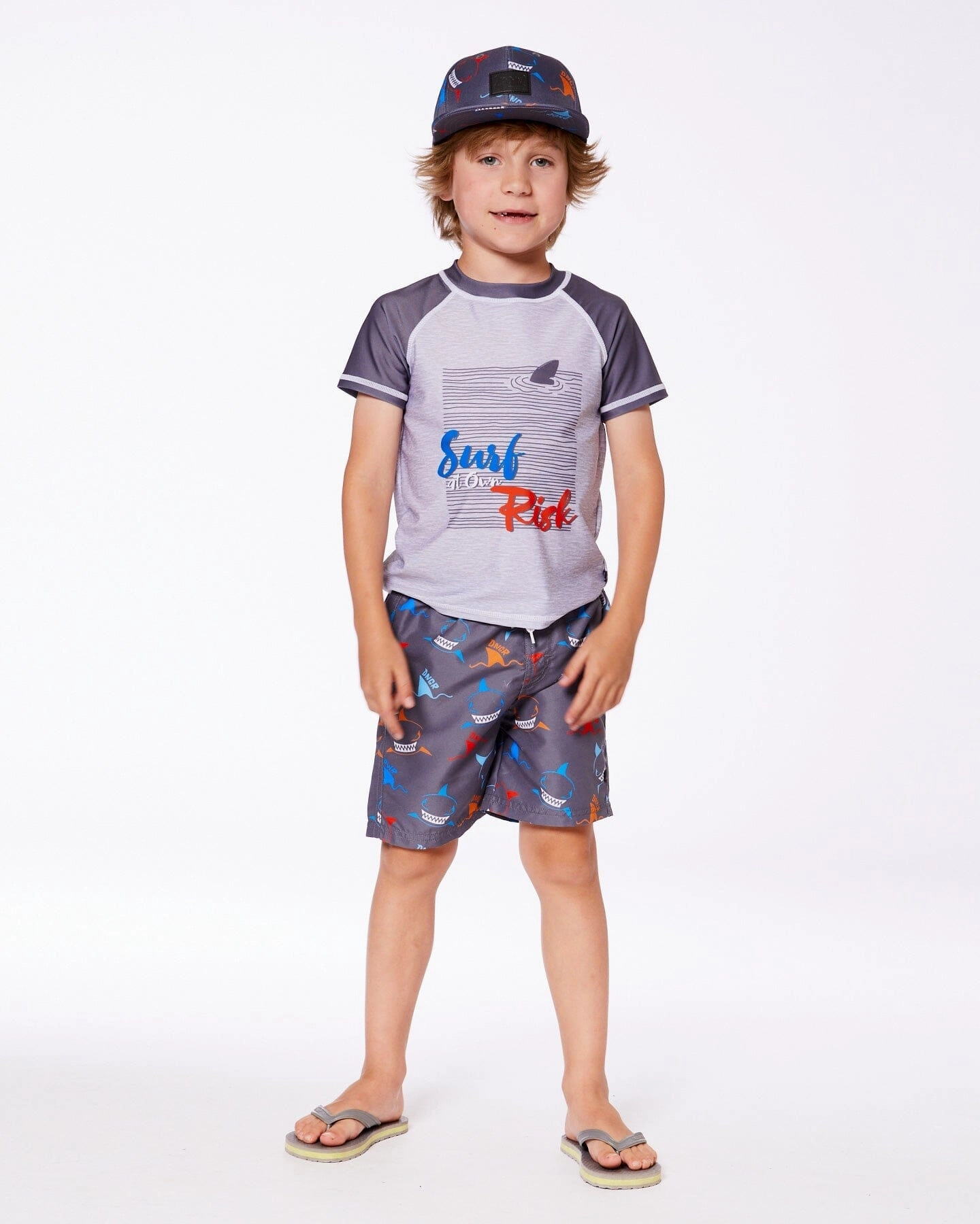Printed Boardshorts Orange, Red, And Blue Sharks On Gray