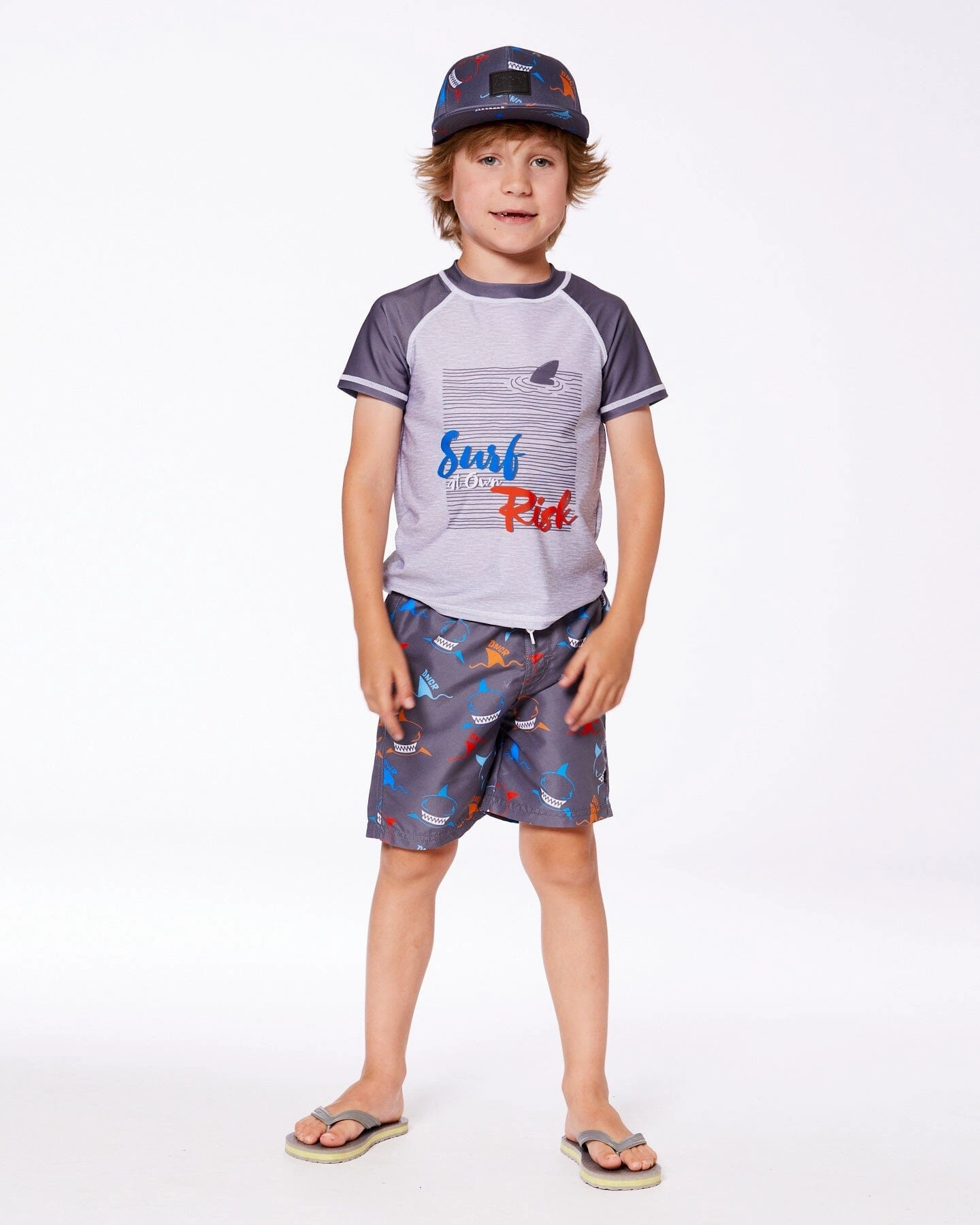 Printed Boardshorts Orange, Red, And Blue Sharks On Gray