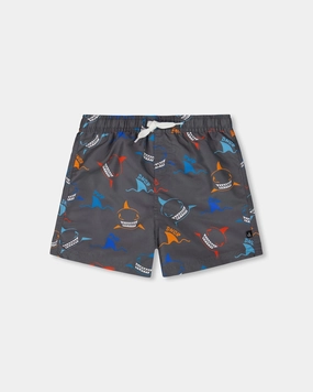 Printed Boardshorts Orange, Red, And Blue Sharks On Gray boys swimwear sets, boys swim trunks