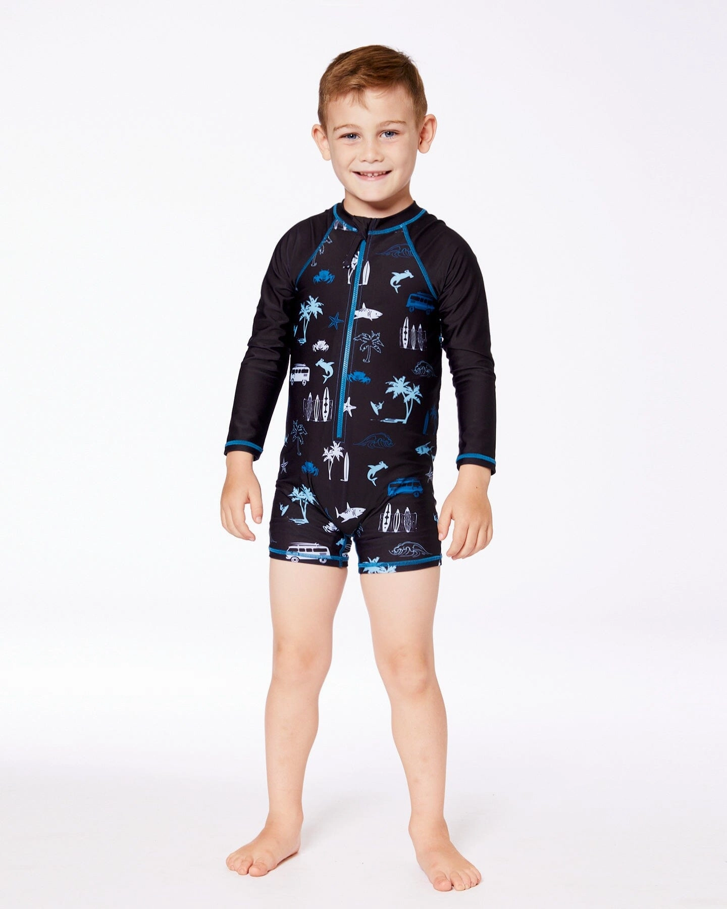 Printed Long Sleeve Rashguard Light Blue Beach On Black