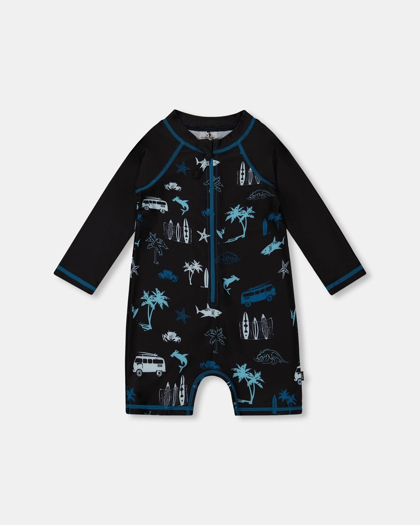 Printed Long Sleeve Rashguard Light Blue Beach On Black boys swimwear sets, boys swim trunks