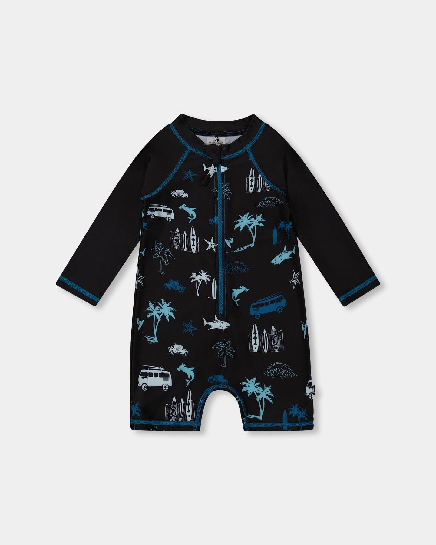 Printed Long Sleeve Rashguard Light Blue Beach On Black boys swimwear sets, boys swim trunks
