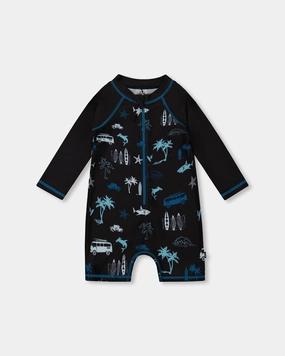 Printed Long Sleeve Rashguard Light Blue Beach On Black boys swimwear sets, boys swim trunks